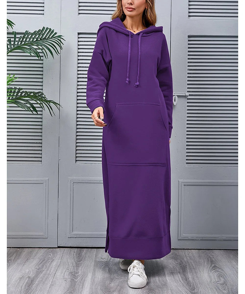 Hoodies Dress for Women Fashion 2024 Hem Lace-up Midi Robe Hooded Long Vestidos Winter Warm Casual Loose Sweatshirt Dress
