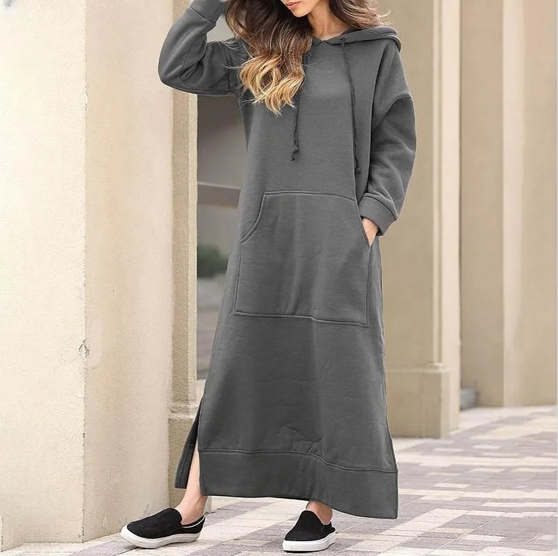 Hoodies Dress for Women Fashion 2024 Hem Lace-up Midi Robe Hooded Long Vestidos Winter Warm Casual Loose Sweatshirt Dress