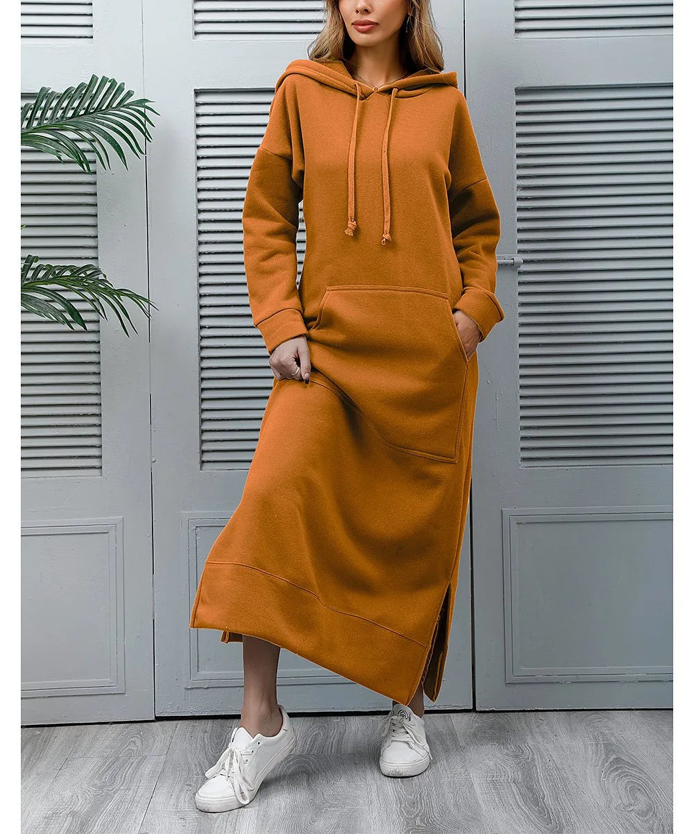 Hoodies Dress for Women Fashion 2024 Hem Lace-up Midi Robe Hooded Long Vestidos Winter Warm Casual Loose Sweatshirt Dress
