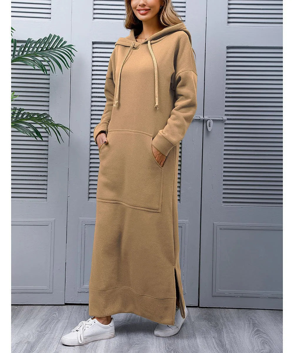 Hoodies Dress for Women Fashion 2024 Hem Lace-up Midi Robe Hooded Long Vestidos Winter Warm Casual Loose Sweatshirt Dress