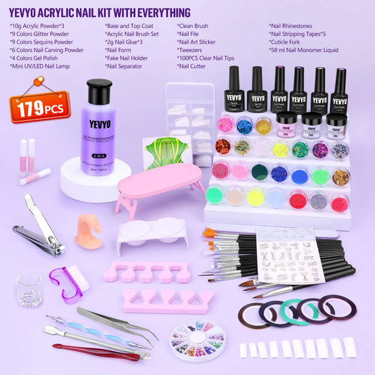 Acrylic Nail Kit with UV Lamp 4 Gel Polish Colors & 24 Glitter Colors FCJ Acrylic Powder & Monomer Liquid