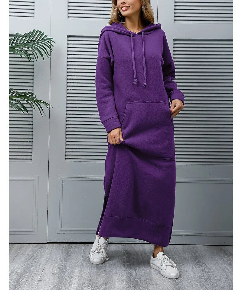 Hoodies Dress for Women Fashion 2024 Hem Lace-up Midi Robe Hooded Long Vestidos Winter Warm Casual Loose Sweatshirt Dress