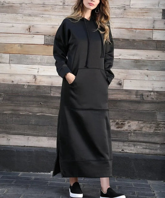 Hoodies Dress for Women Fashion 2024 Hem Lace-up Midi Robe Hooded Long Vestidos Winter Warm Casual Loose Sweatshirt Dress
