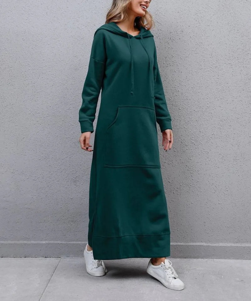Hoodies Dress for Women Fashion 2024 Hem Lace-up Midi Robe Hooded Long Vestidos Winter Warm Casual Loose Sweatshirt Dress