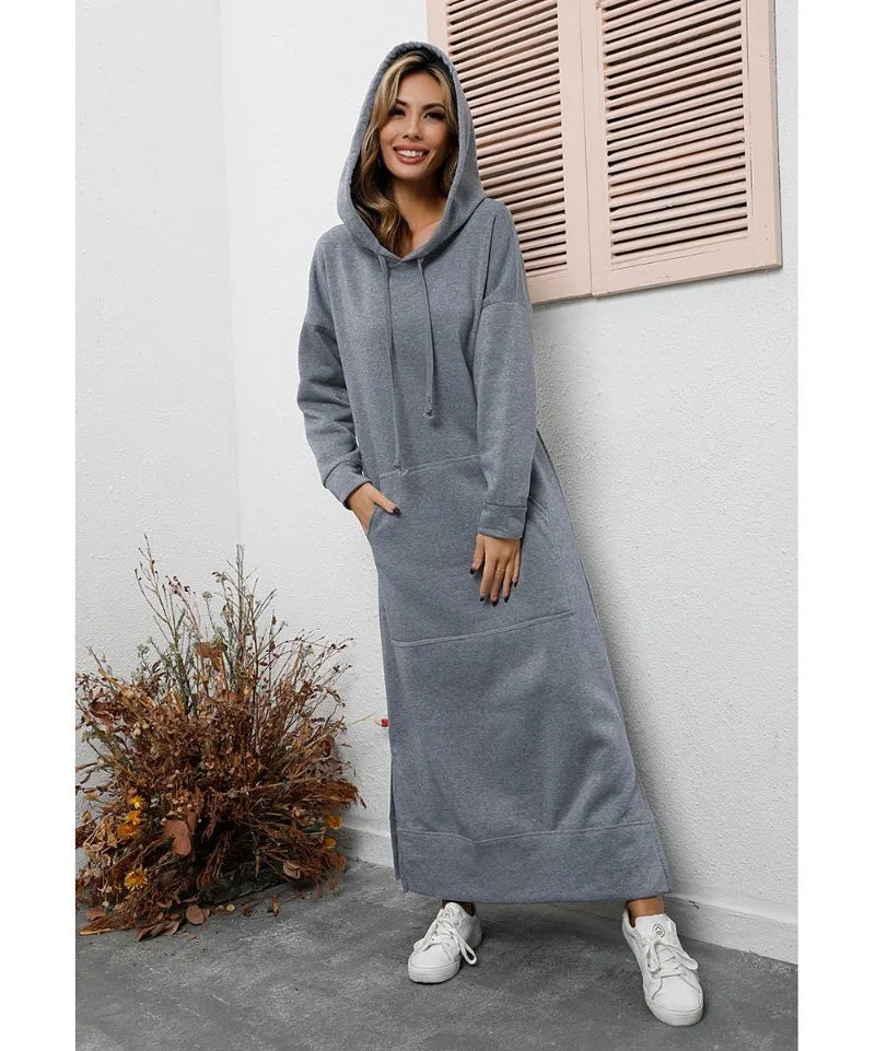 Hoodies Dress for Women Fashion 2024 Hem Lace-up Midi Robe Hooded Long Vestidos Winter Warm Casual Loose Sweatshirt Dress
