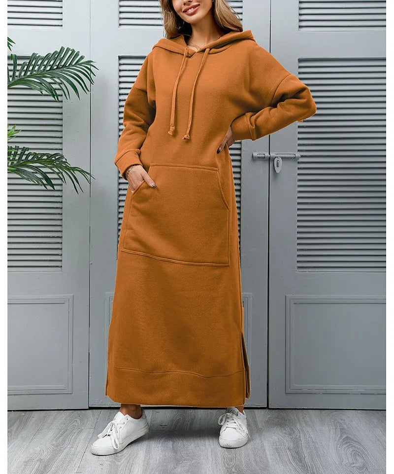 Hoodies Dress for Women Fashion 2024 Hem Lace-up Midi Robe Hooded Long Vestidos Winter Warm Casual Loose Sweatshirt Dress
