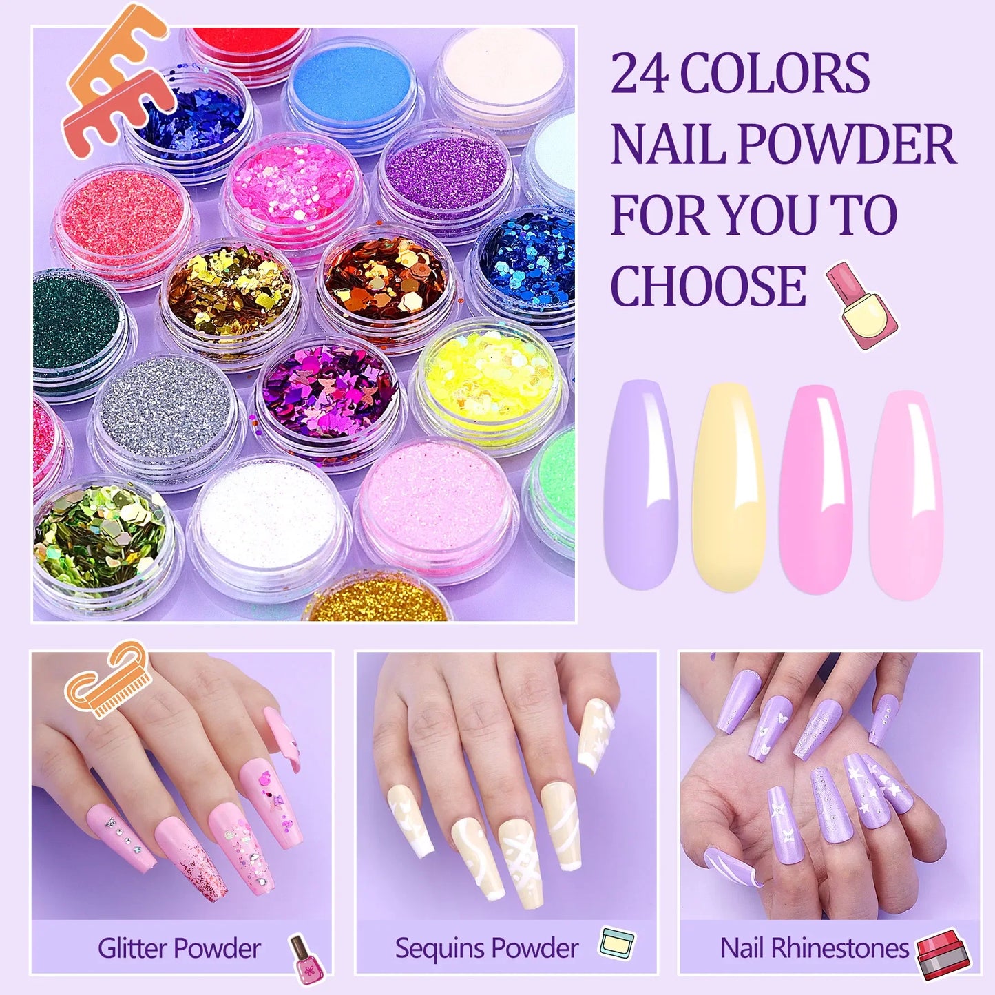 Acrylic Nail Kit with UV Lamp 4 Gel Polish Colors & 24 Glitter Colors FCJ Acrylic Powder & Monomer Liquid