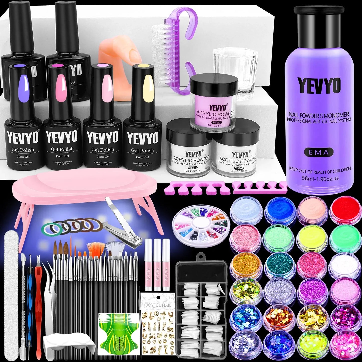 Acrylic Nail Kit with UV Lamp 4 Gel Polish Colors & 24 Glitter Colors FCJ Acrylic Powder & Monomer Liquid
