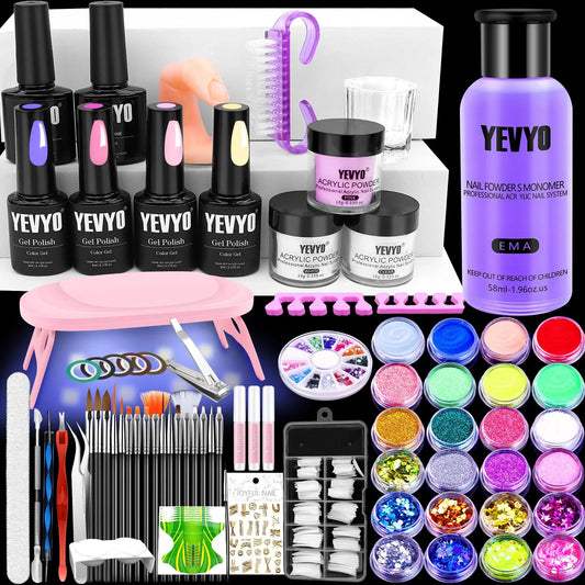 Acrylic Nail Kit with UV Lamp 4 Gel Polish Colors & 24 Glitter Colors FCJ Acrylic Powder & Monomer Liquid