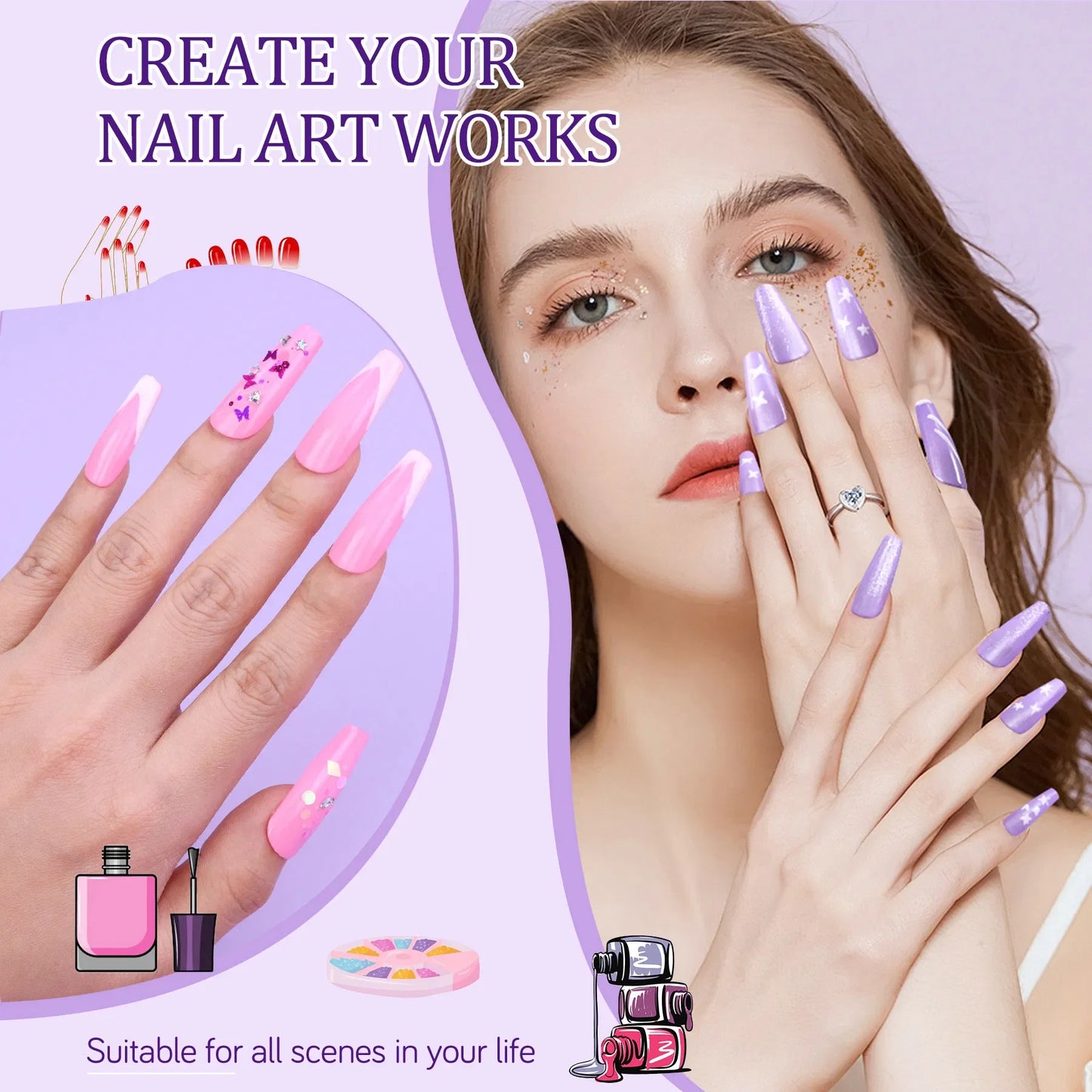 Acrylic Nail Kit with UV Lamp 4 Gel Polish Colors & 24 Glitter Colors FCJ Acrylic Powder & Monomer Liquid